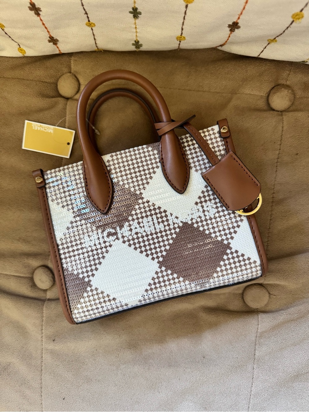 Michael Kors Brown & White Checkered Sequins/Leather Tote